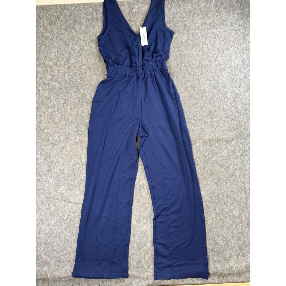 The Drop Caralyn Mirand Jumpsuit Womens XS Navy Blue Knit Wide Leg V-Neck NEW
